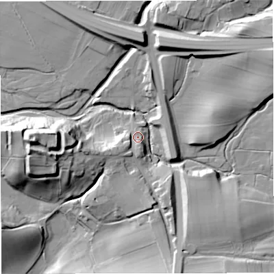 Shaded relief map of the ground around CA174EW, computed from Environment Agency LiDAR. The ground here sits at about 174 m above sea level and falls 33 m across the surrounding 800 m. Surface water reaching this point runs off ground lying to the south-west, 8.1 m higher.