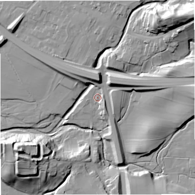 Shaded relief map of the ground around CA174EY, computed from Environment Agency LiDAR. The ground here sits at about 174 m above sea level and falls 45 m across the surrounding 800 m. Surface water reaching this point runs off ground lying to the north-east, 35.8 m higher.