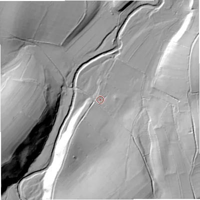 Shaded relief map of the ground around CA174HQ, computed from Environment Agency LiDAR. The ground here sits at about 173 m above sea level and falls 47 m across the surrounding 800 m. Surface water reaching this point runs off ground lying to the south, 29.3 m higher.