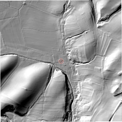 Shaded relief map of the ground around CA174JA, computed from Environment Agency LiDAR. The ground here sits at about 175 m above sea level and falls 63 m across the surrounding 800 m. Surface water reaching this point runs off ground lying to the south-east, 43.6 m higher.