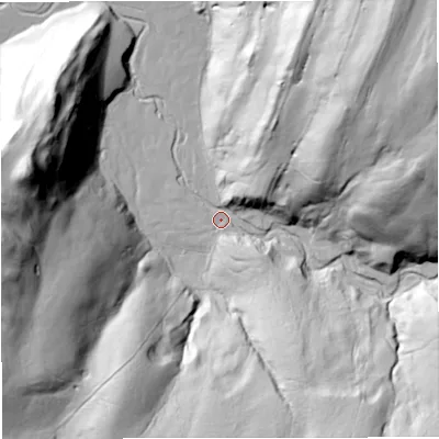 Shaded relief map of the ground around CA174JF, computed from Environment Agency LiDAR. The ground here sits at about 309 m above sea level and falls 98 m across the surrounding 800 m. Surface water reaching this point runs off ground lying to the north-east, 80.7 m higher.