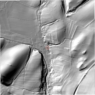 Shaded relief map of the ground around CA174JH, computed from Environment Agency LiDAR. The ground here sits at about 177 m above sea level and falls 76 m across the surrounding 800 m. Surface water reaching this point runs off ground lying to the east-south-east, 42.9 m higher.