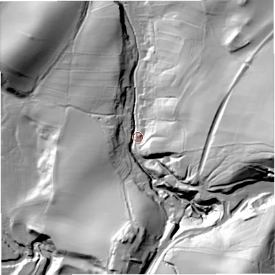 Shaded relief map of the ground around CA174JJ, computed from Environment Agency LiDAR. The ground here sits at about 186 m above sea level and falls 89 m across the surrounding 800 m. Surface water reaching this point runs off ground lying to the south-east, 73.5 m higher.