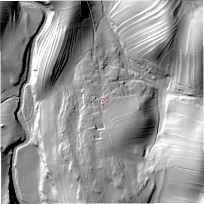 Shaded relief map of the ground around CA174JP, computed from Environment Agency LiDAR. The ground here sits at about 214 m above sea level and falls 57 m across the surrounding 800 m. Surface water reaching this point runs off ground lying to the south, 13.0 m higher.
