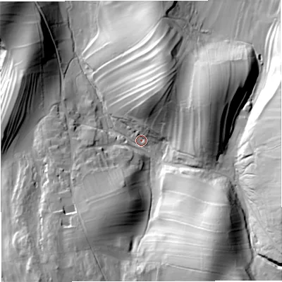 Shaded relief map of the ground around CA174JR, computed from Environment Agency LiDAR. The ground here sits at about 201 m above sea level and falls 60 m across the surrounding 800 m. Surface water reaching this point runs off ground lying to the south-south-east, 46.4 m higher.