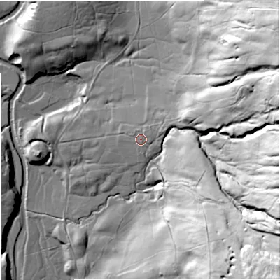 Shaded relief map of the ground around CA174JT, computed from Environment Agency LiDAR. The ground here sits at about 260 m above sea level and falls 117 m across the surrounding 800 m. Surface water reaching this point runs off ground lying to the east-north-east, 6.2 m higher.