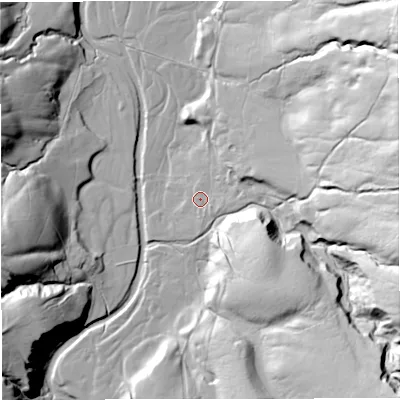 Shaded relief map of the ground around CA174JU, computed from Environment Agency LiDAR. The ground here sits at about 255 m above sea level and falls 63 m across the surrounding 800 m. Surface water reaching this point runs off ground lying to the east-south-east, 2.2 m higher.