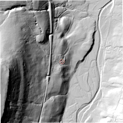 Shaded relief map of the ground around CA174JX, computed from Environment Agency LiDAR. The ground here sits at about 306 m above sea level and falls 181 m across the surrounding 800 m. Surface water reaching this point runs off ground lying to the south-west, 23.8 m higher.