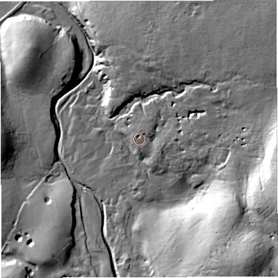 Shaded relief map of the ground around CA174LJ, computed from Environment Agency LiDAR. The ground here sits at about 284 m above sea level and falls 44 m across the surrounding 800 m. Surface water reaching this point runs off ground lying to the east, 23.3 m higher.