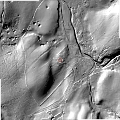 Shaded relief map of the ground around CA174LL, computed from Environment Agency LiDAR. The ground here sits at about 293 m above sea level and falls 48 m across the surrounding 800 m. Surface water reaching this point runs off ground lying to the south, 2.1 m higher.