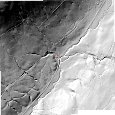 Shaded relief map of the ground around CA174LP, computed from Environment Agency LiDAR. The ground here sits at about 258 m above sea level and falls 248 m across the surrounding 800 m. Surface water reaching this point runs off ground lying to the north-west, 235.0 m higher.