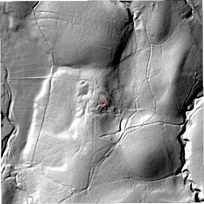 Shaded relief map of the ground around CA174LY, computed from Environment Agency LiDAR. The ground here sits at about 263 m above sea level and falls 55 m across the surrounding 800 m. Surface water reaching this point runs off ground lying to the south-south-west, 5.8 m higher.