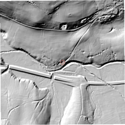 Shaded relief map of the ground around CA174NB, computed from Environment Agency LiDAR. The ground here sits at about 230 m above sea level and falls 63 m across the surrounding 800 m. Surface water reaching this point runs off ground lying to the north-north-west, 58.0 m higher.