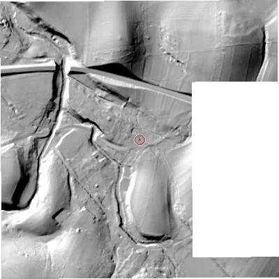 Shaded relief map of the ground around CA174NH, computed from Environment Agency LiDAR. The ground here sits at about 246 m above sea level and falls 54 m across the surrounding 800 m. Surface water reaching this point runs off ground lying to the south, 2.8 m higher.