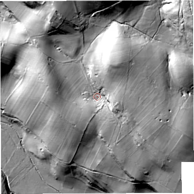 Shaded relief map of the ground around CA174NL, computed from Environment Agency LiDAR. The ground here sits at about 284 m above sea level and falls 73 m across the surrounding 800 m. Surface water reaching this point runs off ground lying to the north-east, 24.5 m higher.