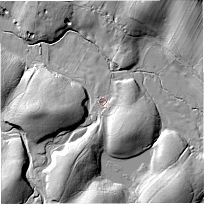 Shaded relief map of the ground around CA174NN, computed from Environment Agency LiDAR. The ground here sits at about 267 m above sea level and falls 27 m across the surrounding 800 m. Surface water reaching this point runs off ground lying to the south-east, 12.0 m higher.