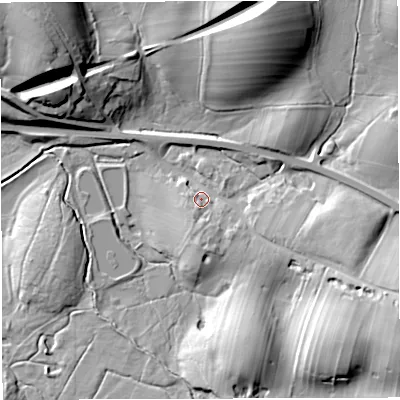 Shaded relief map of the ground around CA174NT, computed from Environment Agency LiDAR. The ground here sits at about 241 m above sea level and falls 25 m across the surrounding 800 m. Surface water reaching this point runs off ground lying to the south-east, 18.4 m higher.