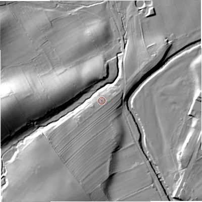 Shaded relief map of the ground around CA174PD, computed from Environment Agency LiDAR. The ground here sits at about 164 m above sea level and falls 26 m across the surrounding 800 m. Surface water reaching this point runs off ground lying to the south-west, 2.3 m higher.