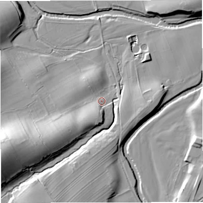 Shaded relief map of the ground around CA174PE, computed from Environment Agency LiDAR. The ground here sits at about 159 m above sea level and falls 28 m across the surrounding 800 m. Surface water reaching this point runs off ground lying to the south-west, 7.6 m higher.
