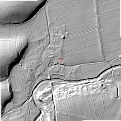 Shaded relief map of the ground around CA174PF, computed from Environment Agency LiDAR. The ground here sits at about 160 m above sea level and falls 21 m across the surrounding 800 m. Surface water reaching this point runs off ground lying to the west-north-west, 1.9 m higher.