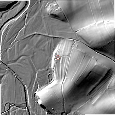 Shaded relief map of the ground around CA174PG, computed from Environment Agency LiDAR. The ground here sits at about 158 m above sea level and falls 29 m across the surrounding 800 m. Surface water reaching this point runs off ground lying to the south-east, 12.3 m higher.