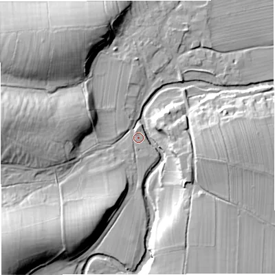 Shaded relief map of the ground around CA174PL, computed from Environment Agency LiDAR. The ground here sits at about 162 m above sea level and falls 28 m across the surrounding 800 m. Surface water reaching this point runs off ground lying to the south-west, 25.6 m higher.