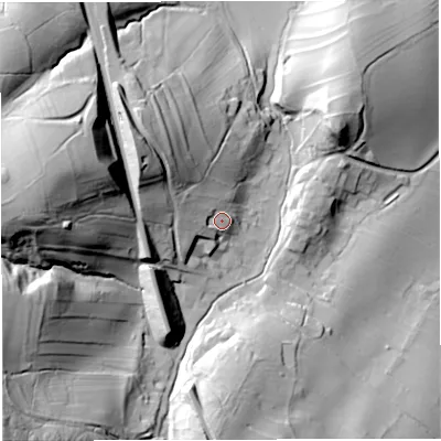Shaded relief map of the ground around CA174PR, computed from Environment Agency LiDAR. The ground here sits at about 209 m above sea level and falls 74 m across the surrounding 800 m. Surface water reaching this point runs off ground lying to the west-north-west, 11.8 m higher.