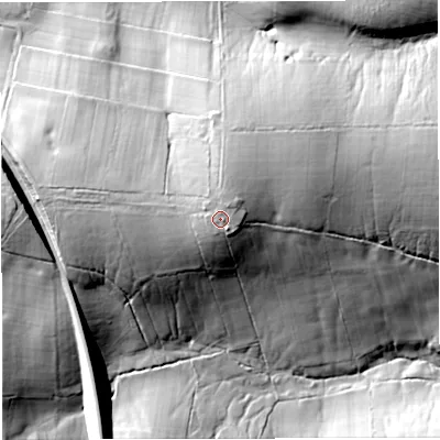 Shaded relief map of the ground around CA174PT, computed from Environment Agency LiDAR. The ground here sits at about 218 m above sea level and falls 44 m across the surrounding 800 m. Surface water reaching this point runs off ground lying to the north, 1.6 m higher.