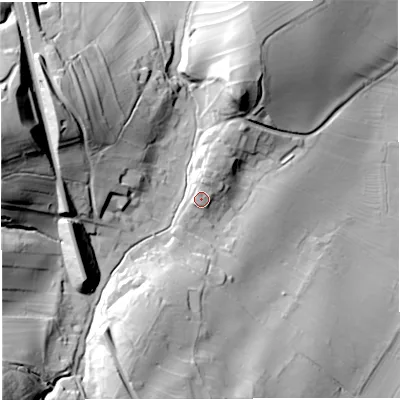 Shaded relief map of the ground around CA174PW, computed from Environment Agency LiDAR. The ground here sits at about 206 m above sea level and falls 66 m across the surrounding 800 m. Surface water reaching this point runs off ground lying to the north-north-east, 4.6 m higher.