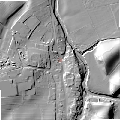 Shaded relief map of the ground around CA174RH, computed from Environment Agency LiDAR. The ground here sits at about 167 m above sea level and falls 27 m across the surrounding 800 m. Surface water reaching this point runs off ground lying to the west-south-west, 15.6 m higher.