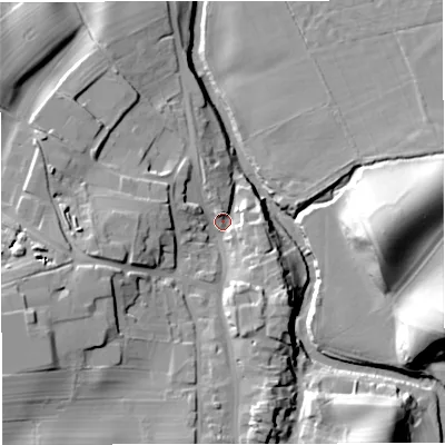 Shaded relief map of the ground around CA174RT, computed from Environment Agency LiDAR. The ground here sits at about 167 m above sea level and falls 28 m across the surrounding 800 m. Surface water reaching this point runs off ground lying to the west-south-west, 16.1 m higher.