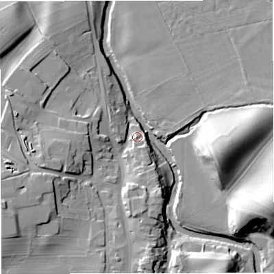 Shaded relief map of the ground around CA174RU, computed from Environment Agency LiDAR. The ground here sits at about 168 m above sea level and falls 32 m across the surrounding 800 m. Surface water reaching this point runs off ground lying to the west-south-west, 16.6 m higher.