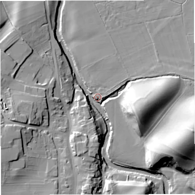 Shaded relief map of the ground around CA174RX, computed from Environment Agency LiDAR. The ground here sits at about 165 m above sea level and falls 34 m across the surrounding 800 m. Surface water reaching this point runs off ground lying to the east-south-east, 31.7 m higher.