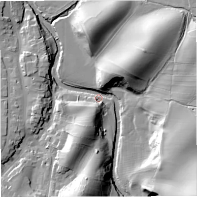 Shaded relief map of the ground around CA174SA, computed from Environment Agency LiDAR. The ground here sits at about 166 m above sea level and falls 48 m across the surrounding 800 m. Surface water reaching this point runs off ground lying to the south-east, 45.9 m higher.