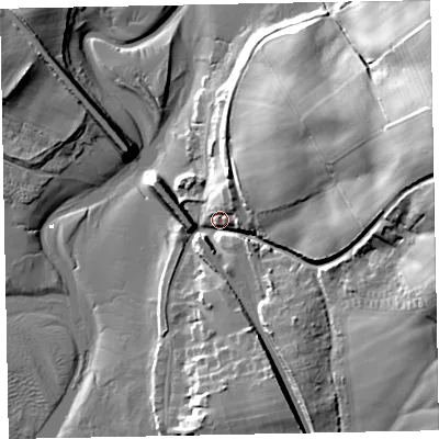 Shaded relief map of the ground around CA181SW, computed from Environment Agency LiDAR. The ground here sits at about 9 m above sea level and falls 37 m across the surrounding 800 m. Surface water reaching this point runs off ground lying to the east-north-east, 30.5 m higher.