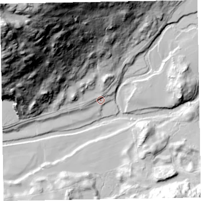 Shaded relief map of the ground around CA191TF, computed from Environment Agency LiDAR. The ground here sits at about 41 m above sea level and falls 181 m across the surrounding 800 m. Surface water reaching this point runs off ground lying to the north, 7.7 m higher.