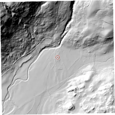 Shaded relief map of the ground around CA191TG, computed from Environment Agency LiDAR. The ground here sits at about 59 m above sea level and falls 185 m across the surrounding 800 m. Surface water reaching this point runs off ground lying to the north-north-east, 1.8 m higher.