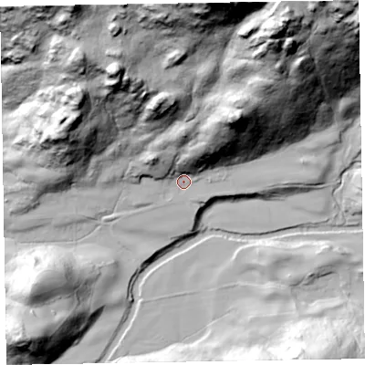 Shaded relief map of the ground around CA191TH, computed from Environment Agency LiDAR. The ground here sits at about 74 m above sea level and falls 125 m across the surrounding 800 m. Surface water reaching this point runs off ground lying to the north-east, 108.5 m higher.