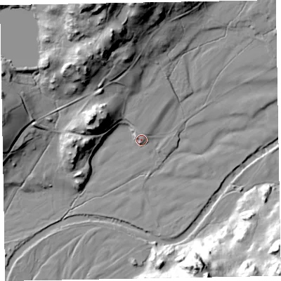 Shaded relief map of the ground around CA191TS, computed from Environment Agency LiDAR. The ground here sits at about 25 m above sea level and falls 60 m across the surrounding 800 m. Surface water reaching this point runs off ground lying to the north-north-east, 1.8 m higher.