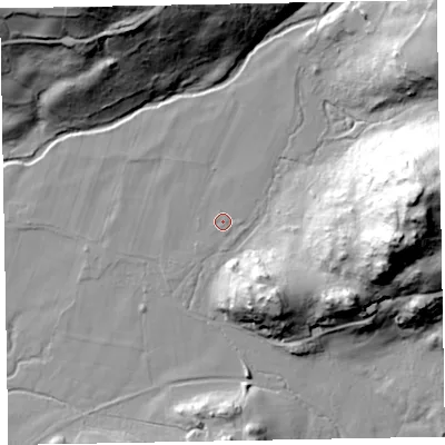 Shaded relief map of the ground around CA191TW, computed from Environment Agency LiDAR. The ground here sits at about 44 m above sea level and falls 67 m across the surrounding 800 m. Surface water reaching this point runs off ground lying to the north-north-east, 2.3 m higher.