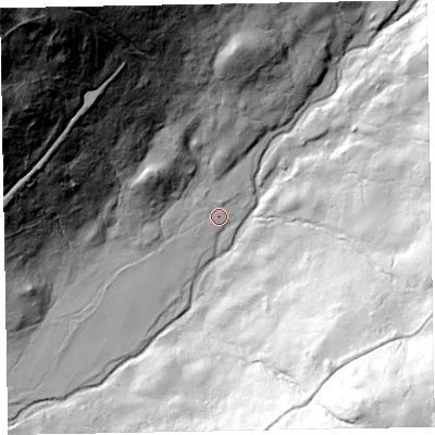 Shaded relief map of the ground around CA191UF, computed from Environment Agency LiDAR. The ground here sits at about 94 m above sea level and falls 167 m across the surrounding 800 m. Surface water reaching this point runs off ground lying to the north, 2.5 m higher.