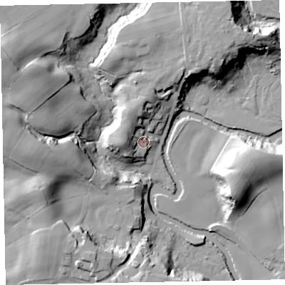 Shaded relief map of the ground around CA191UH, computed from Environment Agency LiDAR. The ground here sits at about 12 m above sea level and falls 31 m across the surrounding 800 m. Surface water reaching this point runs off ground lying to the west, 10.2 m higher.