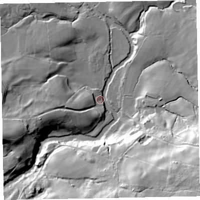 Shaded relief map of the ground around CA191UX, computed from Environment Agency LiDAR. The ground here sits at about 26 m above sea level and falls 57 m across the surrounding 800 m. Surface water reaching this point runs off ground lying to the west-south-west, 22.3 m higher.