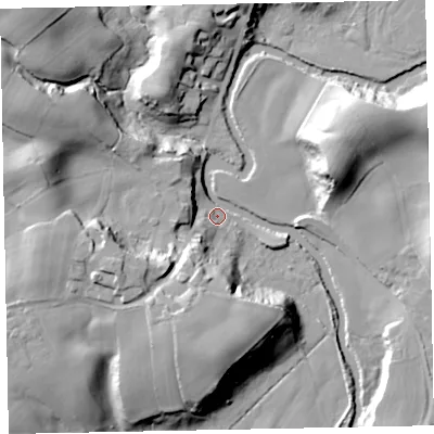 Shaded relief map of the ground around CA191YF, computed from Environment Agency LiDAR. The ground here sits at about 7 m above sea level and falls 27 m across the surrounding 800 m. Surface water reaching this point runs off ground lying to the west-north-west, 22.0 m higher.