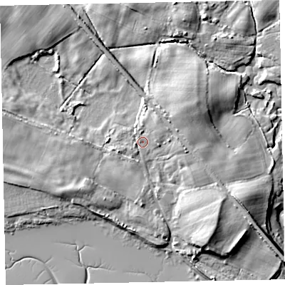 Shaded relief map of the ground around CA191YY, computed from Environment Agency LiDAR. The ground here sits at about 7 m above sea level and falls 13 m across the surrounding 800 m. Surface water reaching this point runs off ground lying to the north-east, 6.4 m higher.
