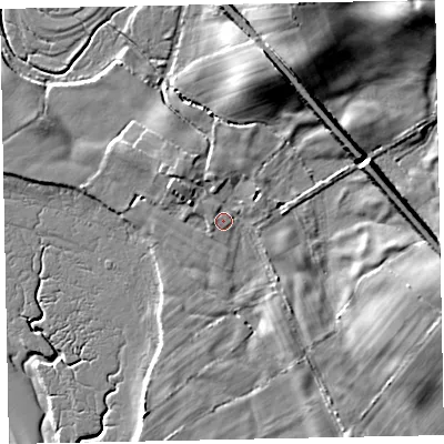 Shaded relief map of the ground around CA191YZ, computed from Environment Agency LiDAR. The ground here sits at about 6 m above sea level and falls 15 m across the surrounding 800 m. Surface water reaching this point runs off ground lying to the north-west, 2.1 m higher.
