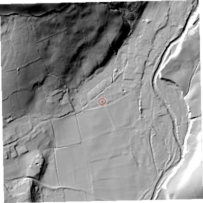 Shaded relief map of the ground around CA201BB, computed from Environment Agency LiDAR. The ground here sits at about 52 m above sea level and falls 79 m across the surrounding 800 m. Surface water reaching this point runs off ground lying to the north-north-west, 56.8 m higher.