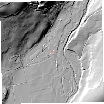 Shaded relief map of the ground around CA201BE, computed from Environment Agency LiDAR. The ground here sits at about 54 m above sea level and falls 88 m across the surrounding 800 m. Surface water reaching this point runs off ground lying to the north-north-east, 3.2 m higher.