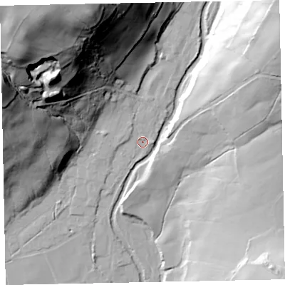 Shaded relief map of the ground around CA201BH, computed from Environment Agency LiDAR. The ground here sits at about 58 m above sea level and falls 93 m across the surrounding 800 m. Surface water reaching this point runs off ground lying to the north-west, 84.2 m higher.