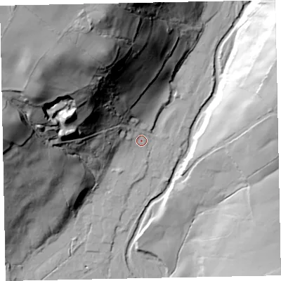 Shaded relief map of the ground around CA201BJ, computed from Environment Agency LiDAR. The ground here sits at about 61 m above sea level and falls 99 m across the surrounding 800 m. Surface water reaching this point runs off ground lying to the north-west, 89.4 m higher.